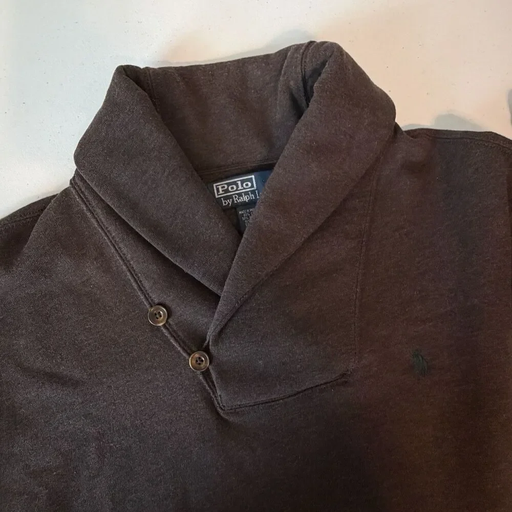 Polo Ralph Lauren Shawl Collar Sweatshirt Mens Medium Brown Suede Elbow Patches